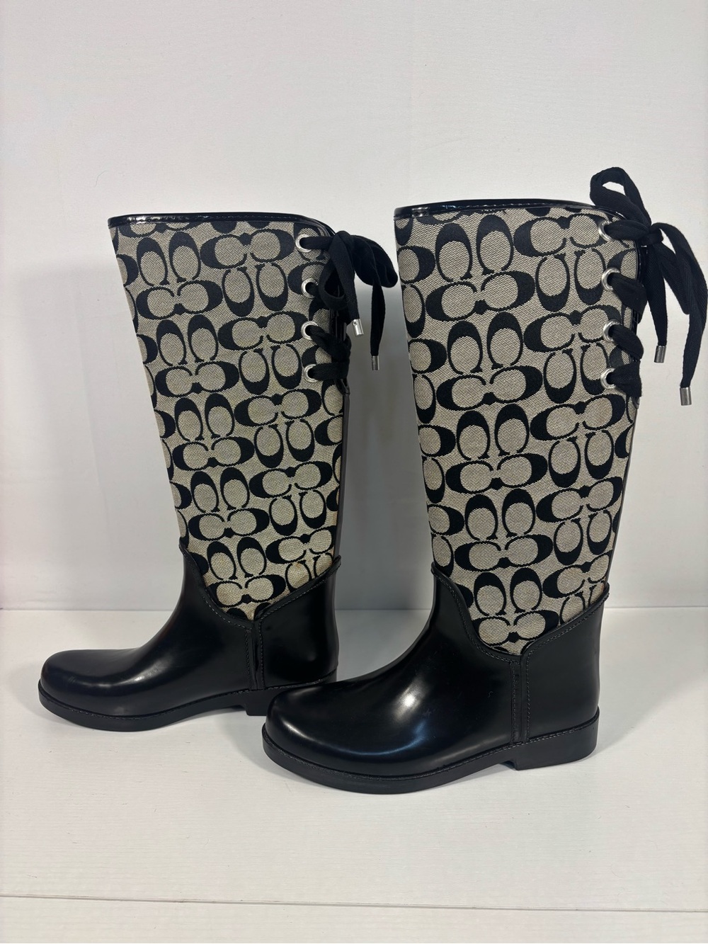 Coach Signature Jacquard Tall Rain Boots Lace Up Black Tan Size 8